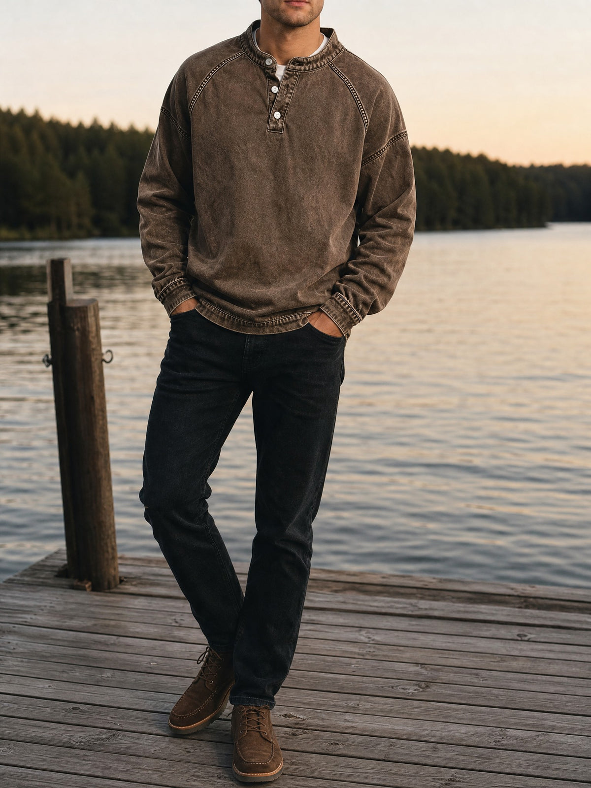 Vintage Washed Henley in brown