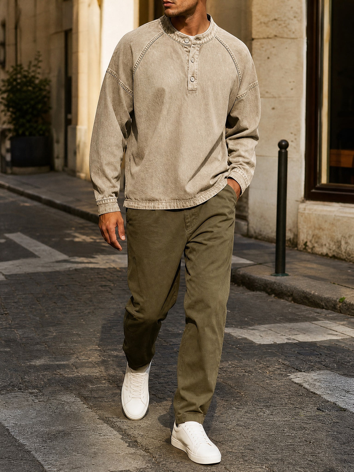 Vintage Washed Henley in apricot