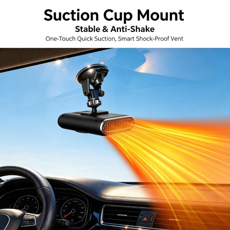 The ClearView heater held to the windshield by its suction cup mount