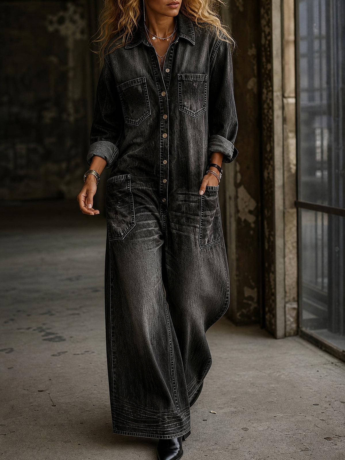 Washed Denim Wide-Leg Jumpsuit in black