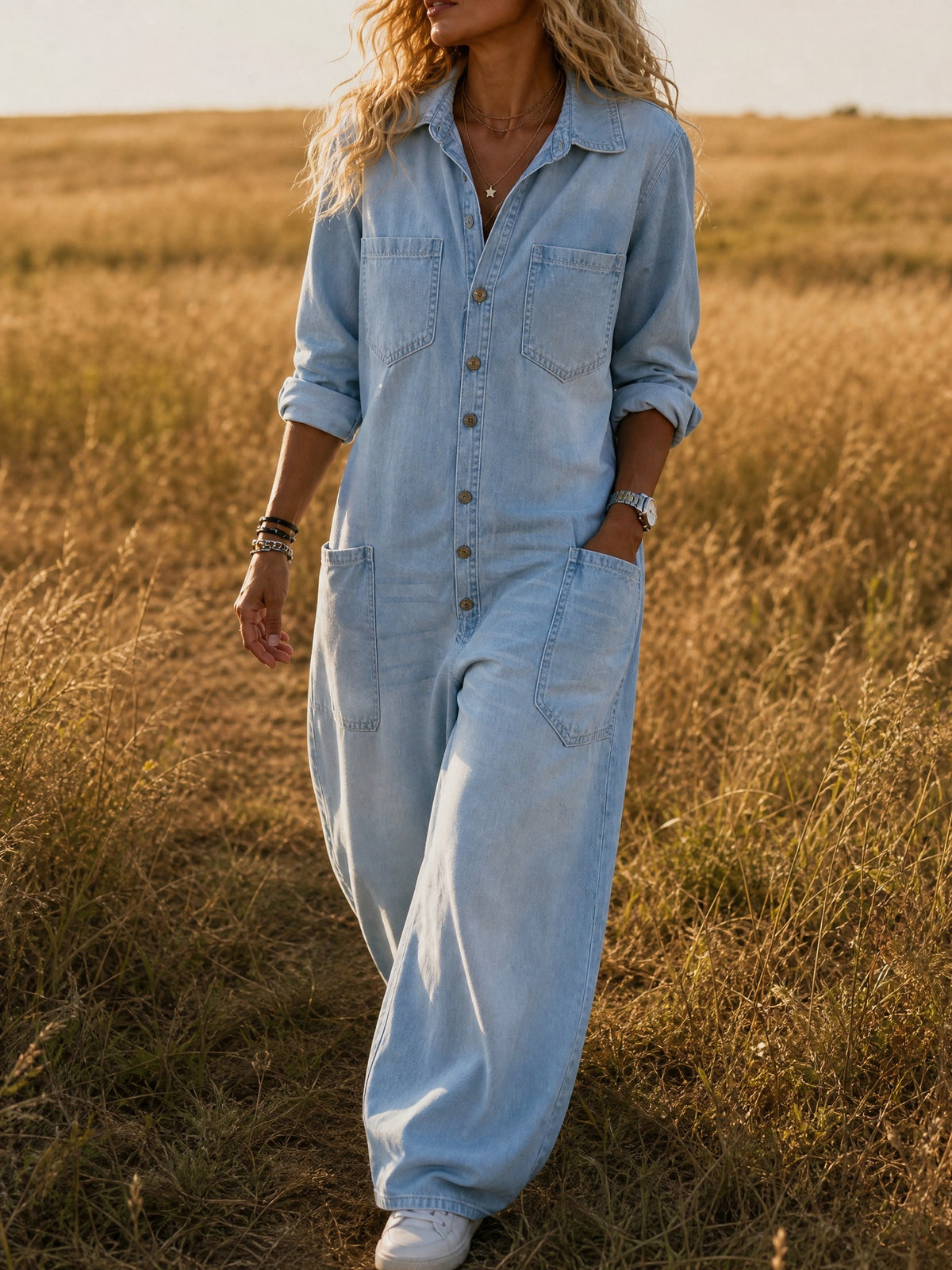 Washed Denim Wide-Leg Jumpsuit in light blue