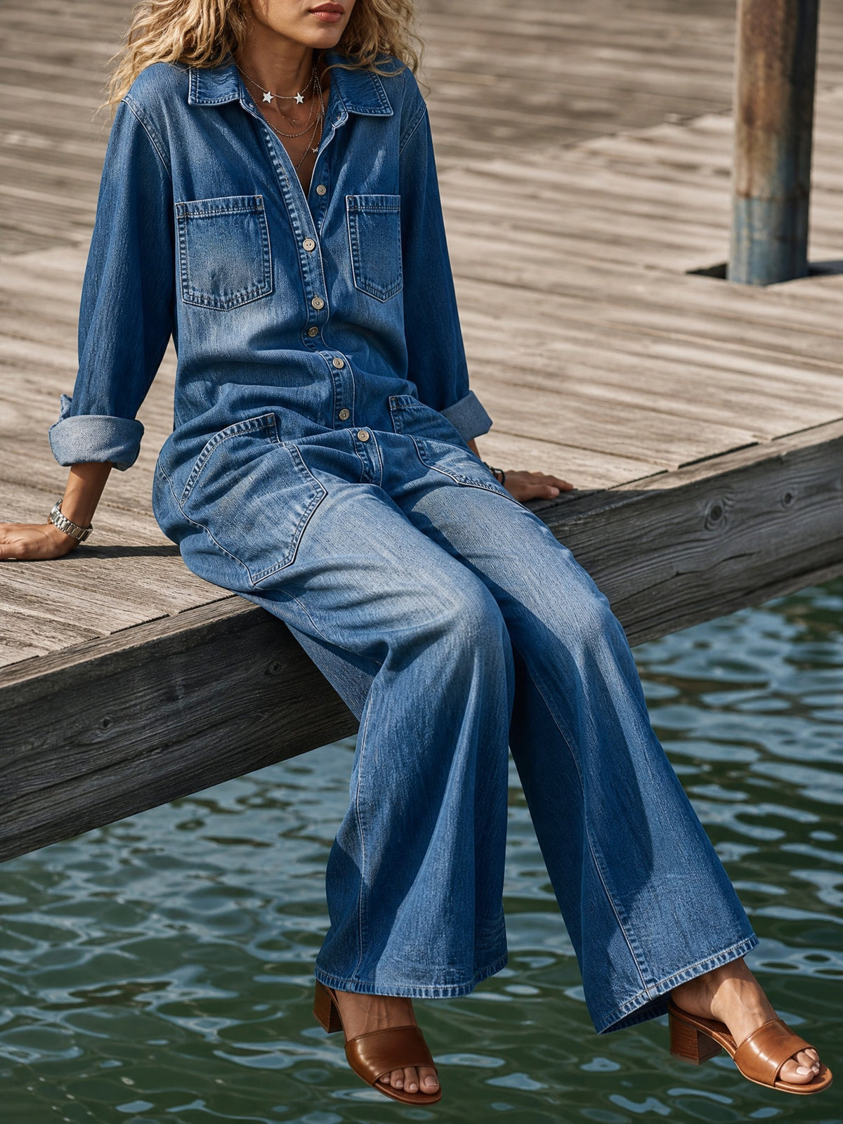 Washed Denim Wide-Leg Jumpsuit in blue