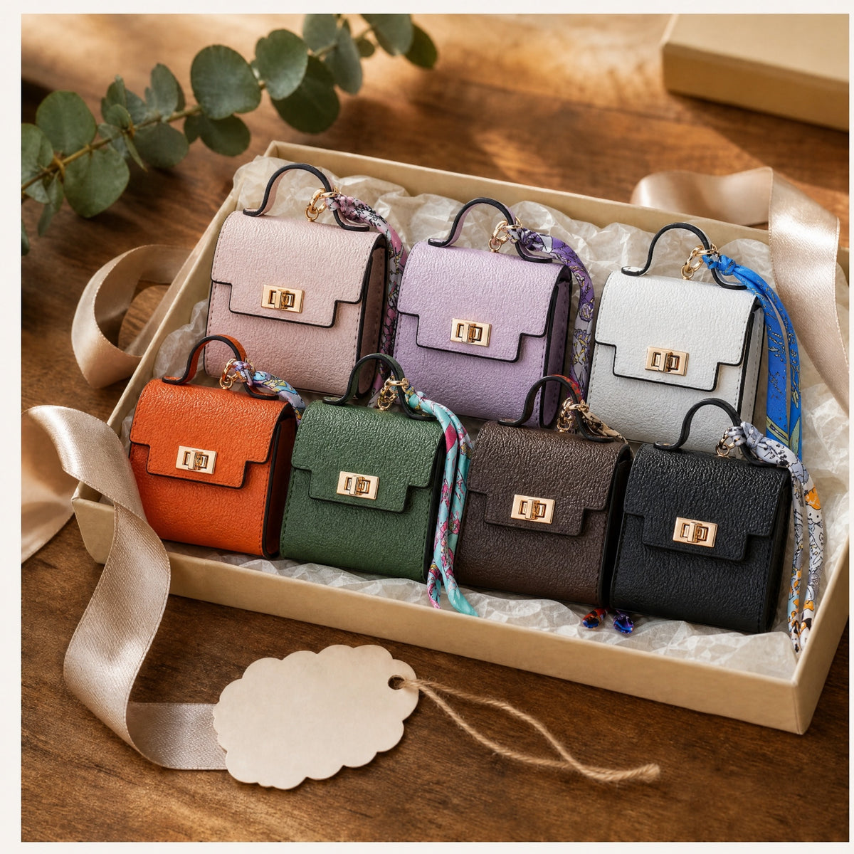 Mini bag keychains in a gift box