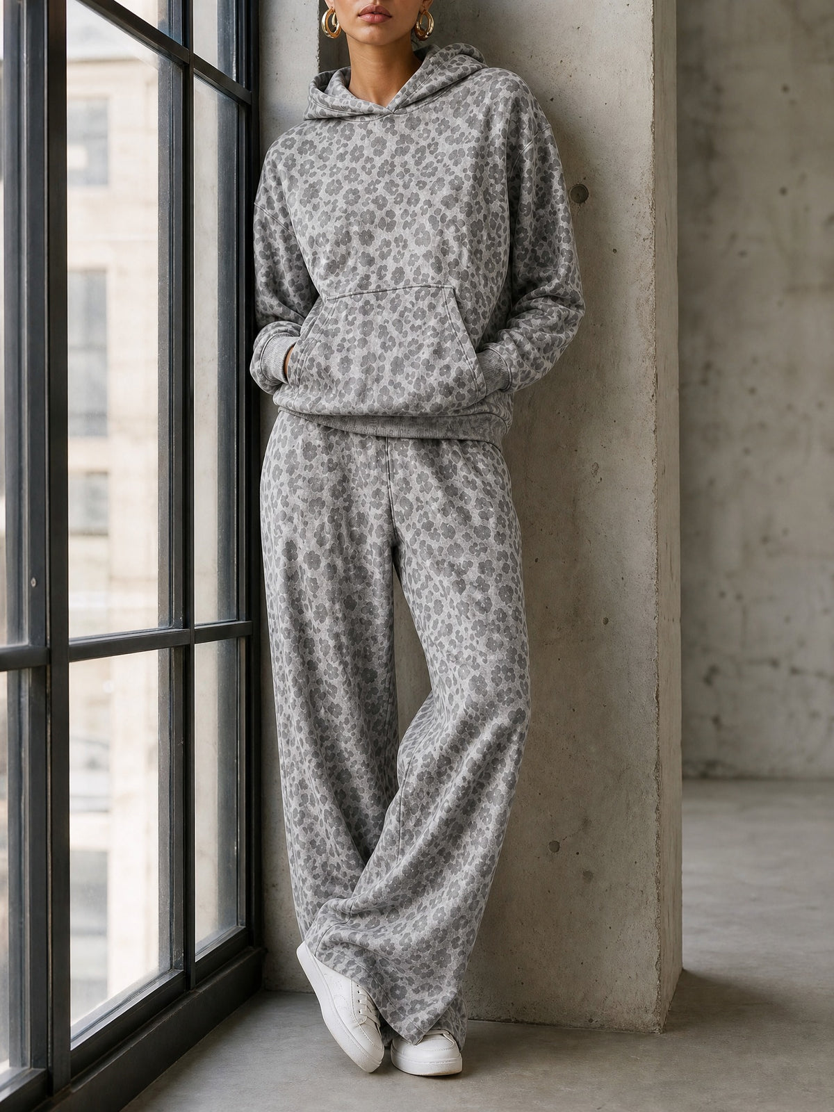 Leopard print hoodie and wide-leg trouser set in grey