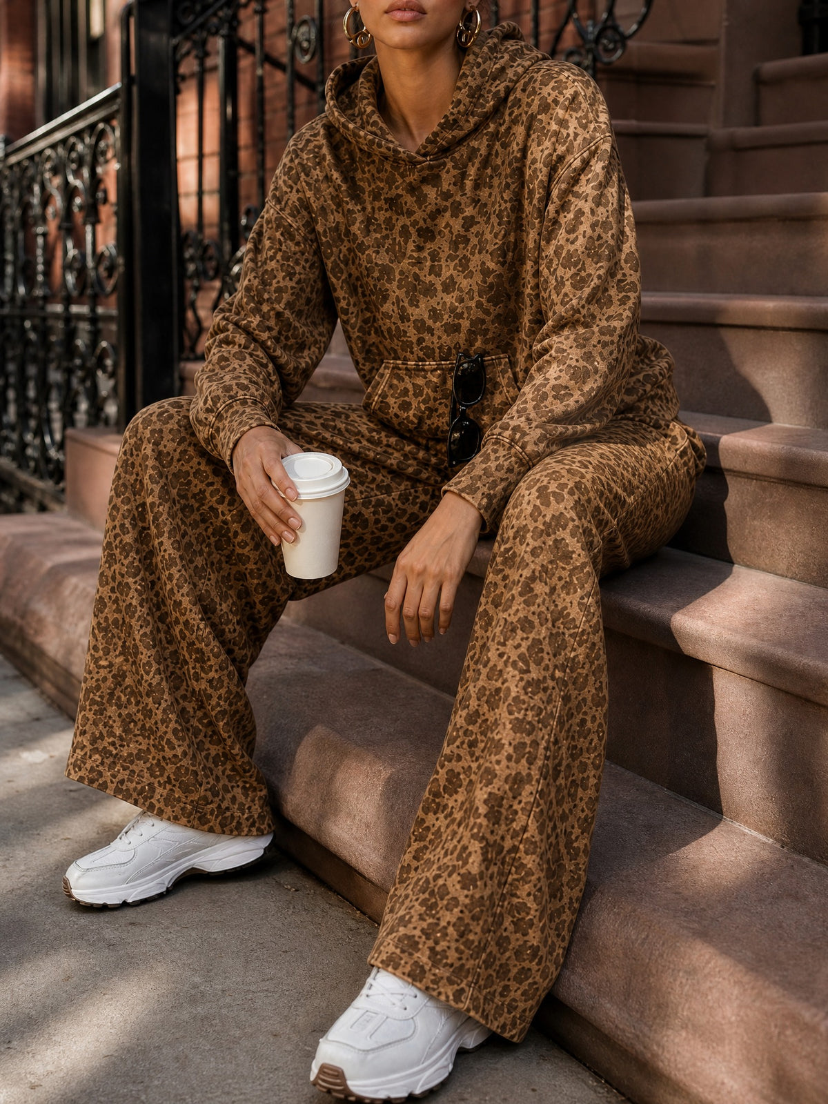 Leopard print hoodie and wide-leg trouser set in amber