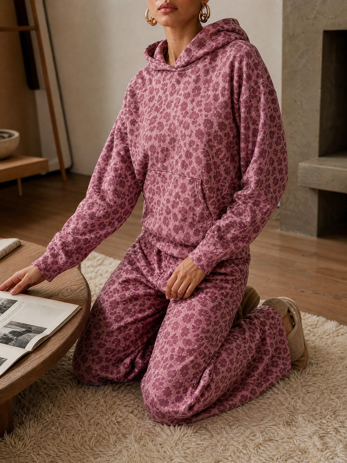 Leopard print hoodie and wide-leg trouser set in rose red