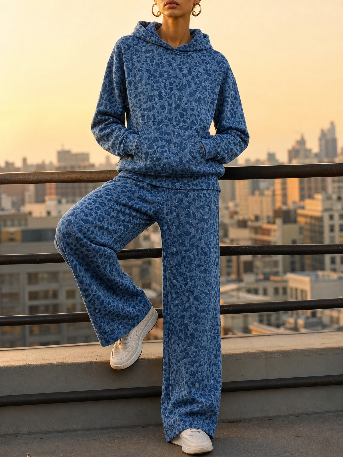 Leopard print hoodie and wide-leg trouser set in navy