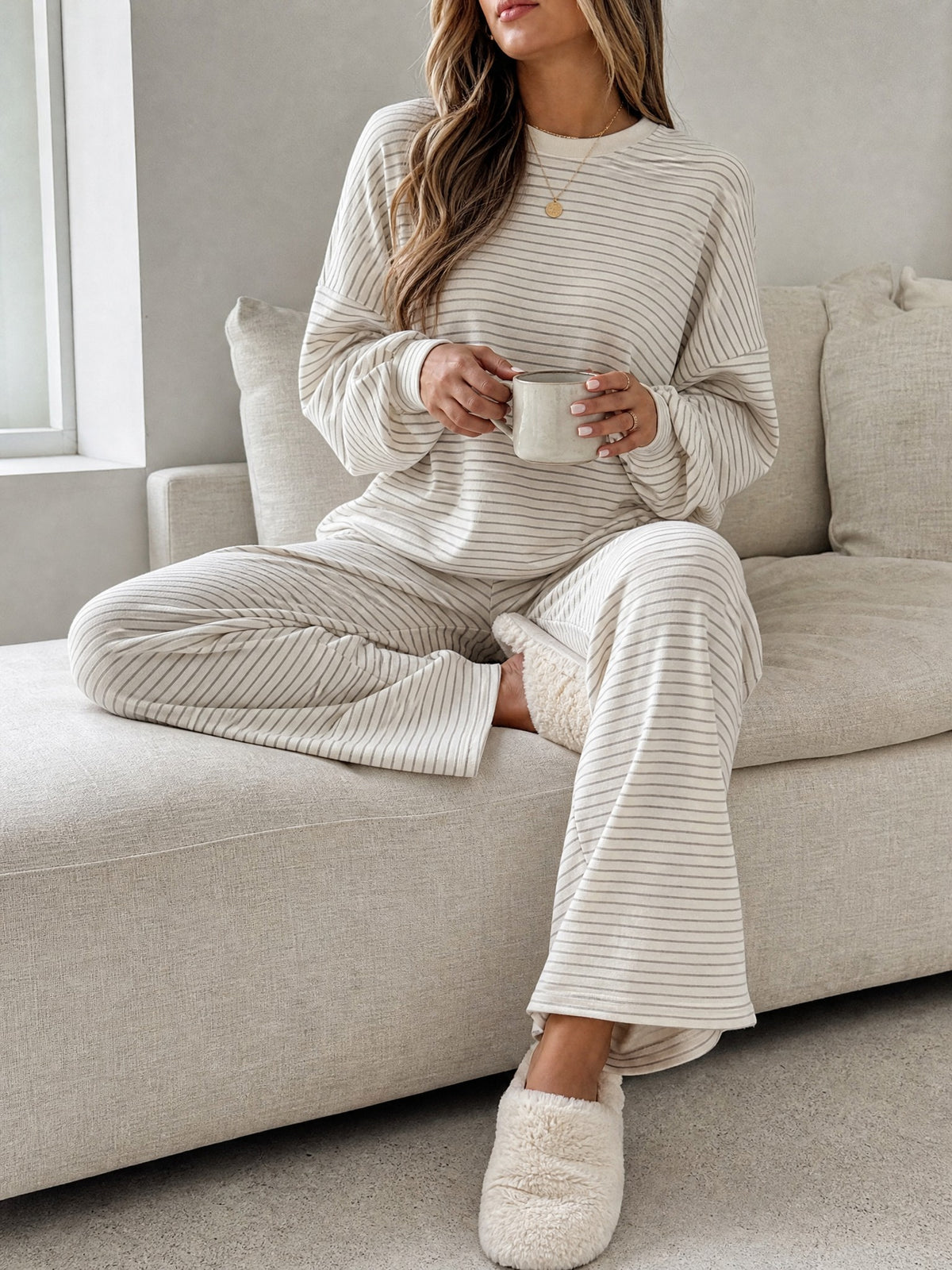 Striped Wide-Leg Lounge Set in cream stripe