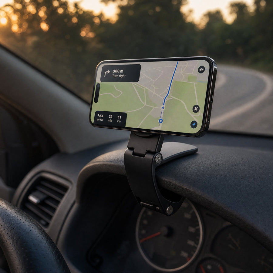Holder on a car dashboard with a map open