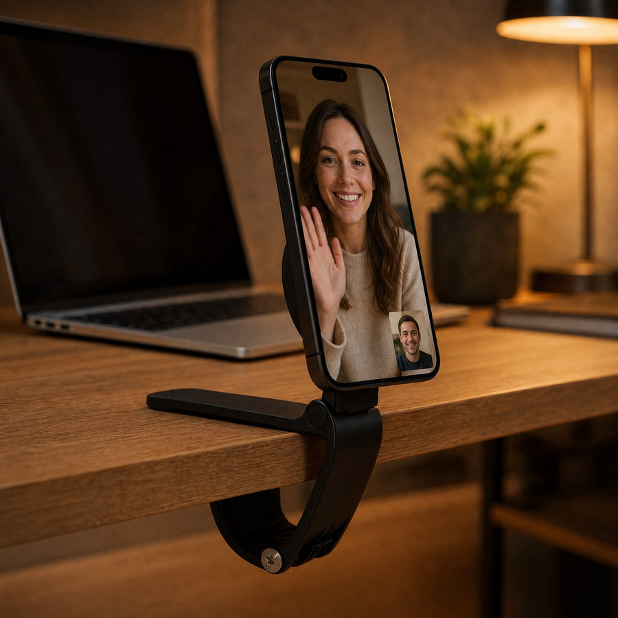 Holder on a desk edge with a video call