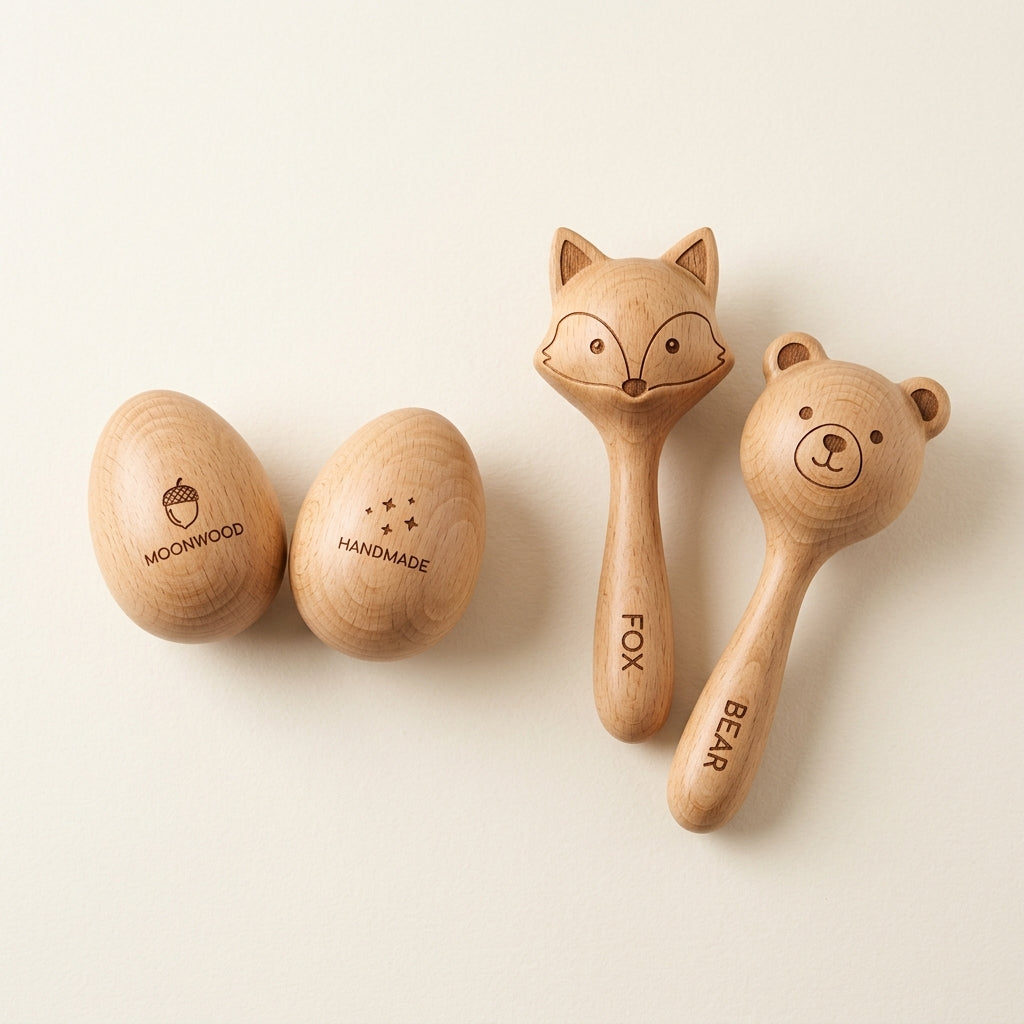2× Wooden Sensory Egg Shakers & Animal Maracas (FREE) View 1