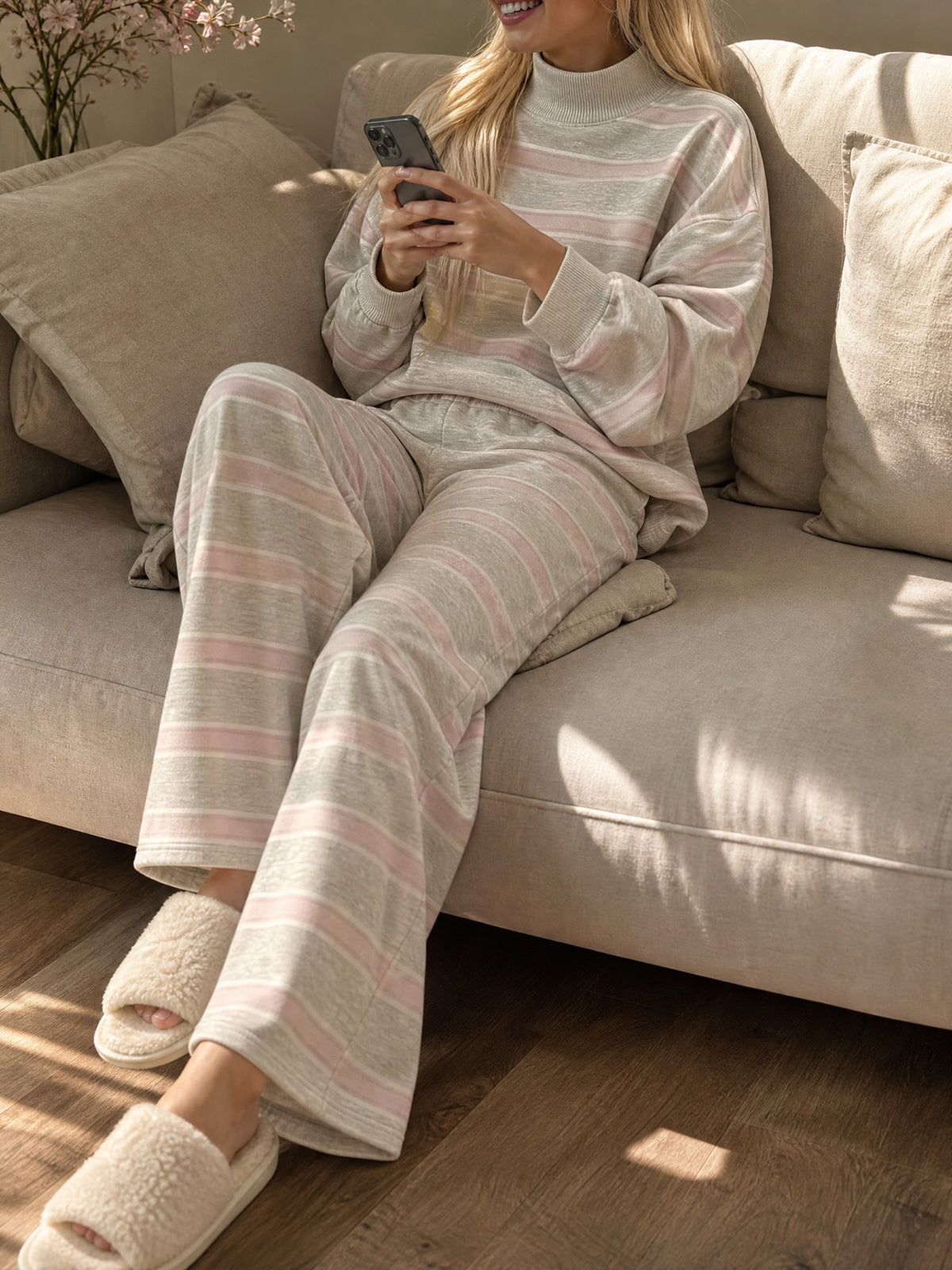 Striped Mock-Neck Two-Piece Set in pink