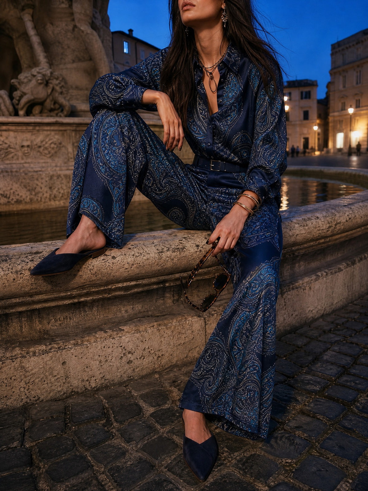 Paisley shirt and wide-leg trouser set in navy