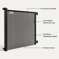 Retractable safety gate feature callouts: 41-inch extra-tall mesh, one-handed push and turn lock, fine woven weatherproof mesh, no floor trip bar View 5