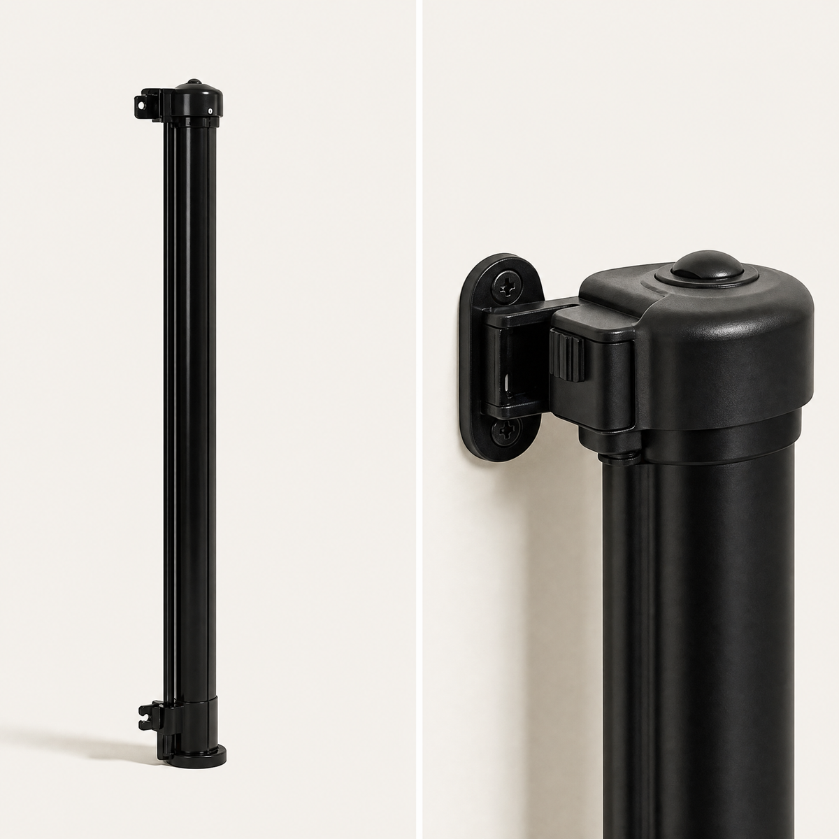 Retractable safety gate shown retracted into its housing post, with a close view of the wall-mount bracket View 6