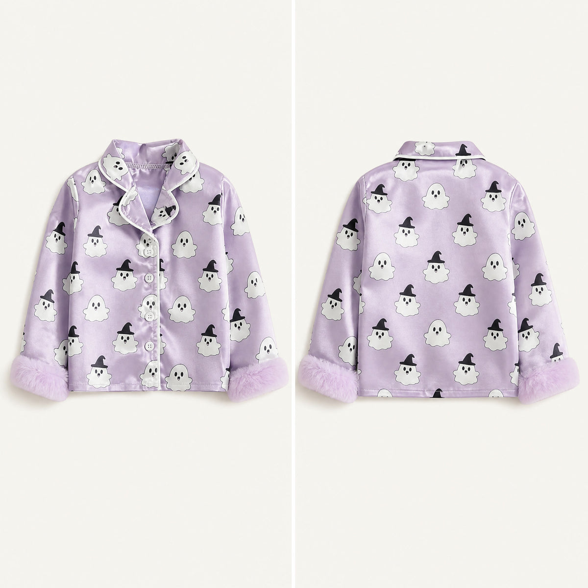 Front and back view of the lavender satin pajama top showing the piped button placket and the plain printed back View 4
