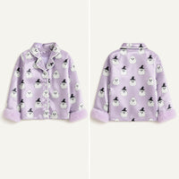 Front and back view of the lavender satin pajama top showing the piped button placket and the plain printed back View 4