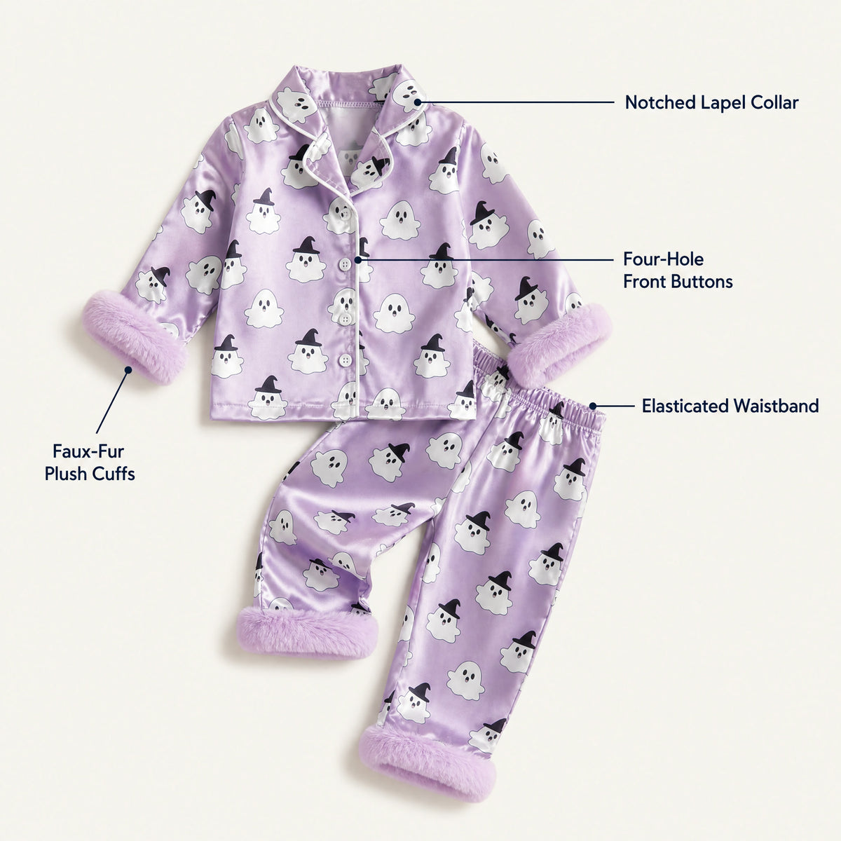 Labelled detail view: faux-fur plush cuffs, notched lapel collar, four-hole front buttons and elasticated waistband View 3