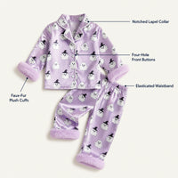 Labelled detail view: faux-fur plush cuffs, notched lapel collar, four-hole front buttons and elasticated waistband View 3