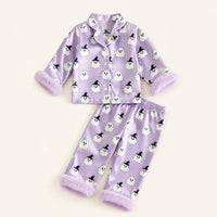 Satin toddler Halloween pajama set in lavender with white ghost print and lavender faux-fur plush cuffs, shirt and trousers laid flat View 1