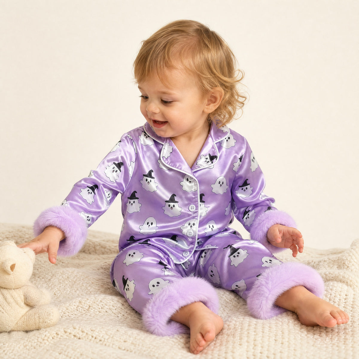 Toddler sitting on a cream blanket wearing the lavender ghost print satin pajama set with faux-fur cuffs View 2
