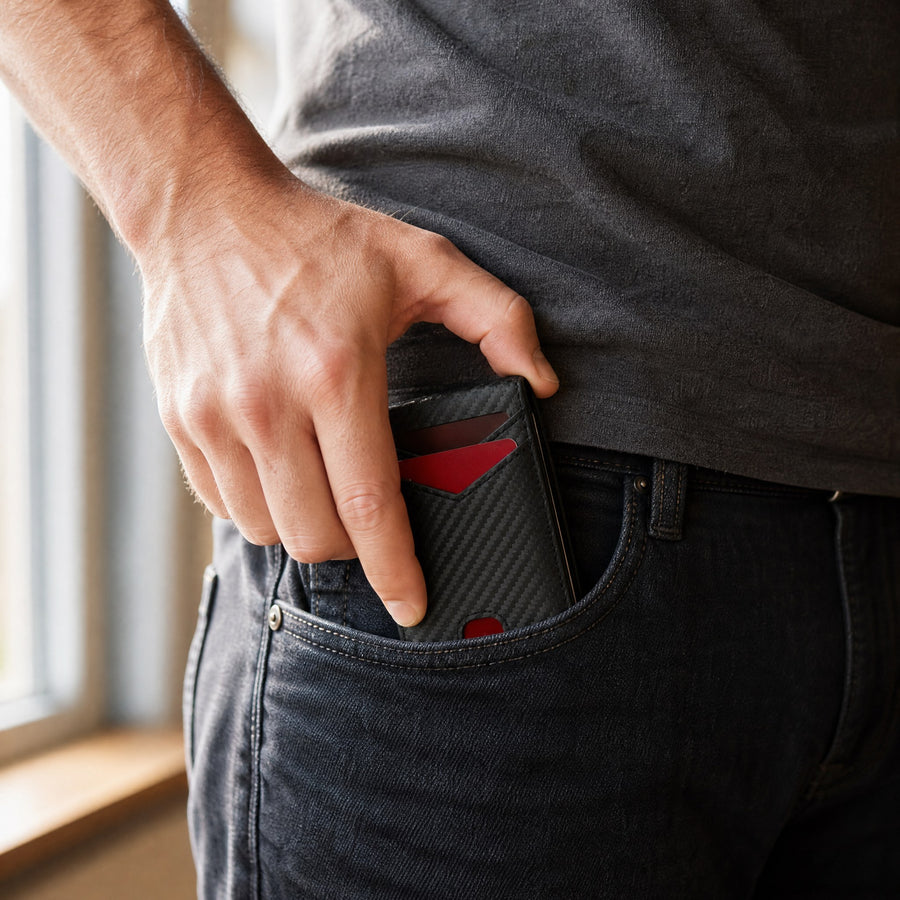 Wallet sliding into a front jeans pocket