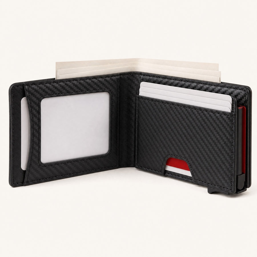 Inside the wallet: ID window, card slots and cash compartment