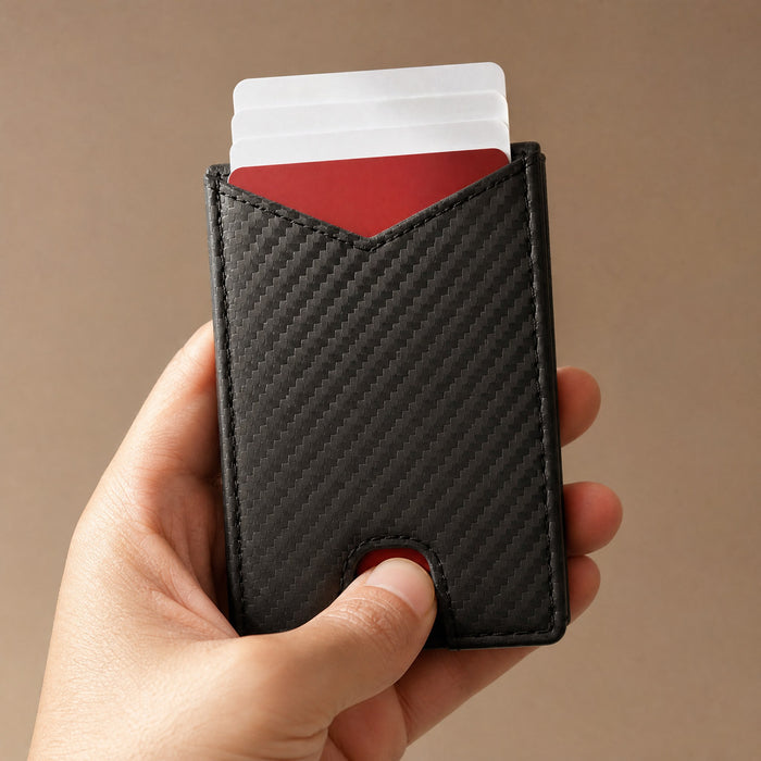 Thumb pushing cards up out of the front pocket