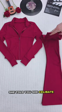 Two-Piece Zip Jacket & High-Waist Flare Pants Gym Set View 21