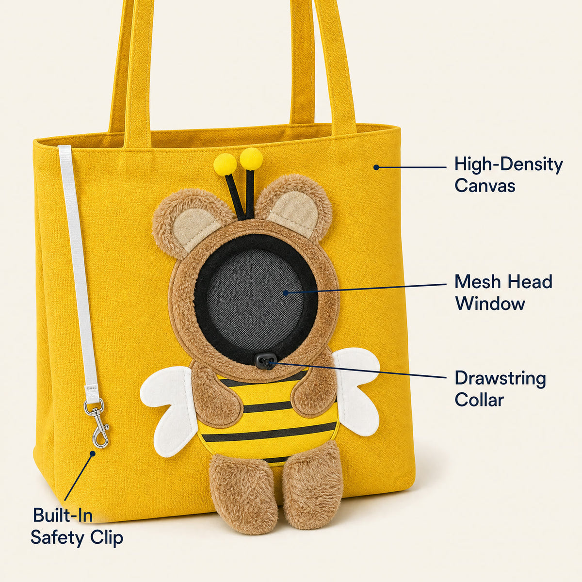 Feature callouts: high-density canvas, mesh head window, drawstring collar, built-in safety clip View 4