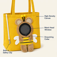 Feature callouts: high-density canvas, mesh head window, drawstring collar, built-in safety clip View 4