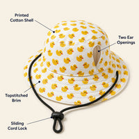 Feature callouts: printed cotton shell, two ear openings, topstitched brim, sliding cord lock View 2