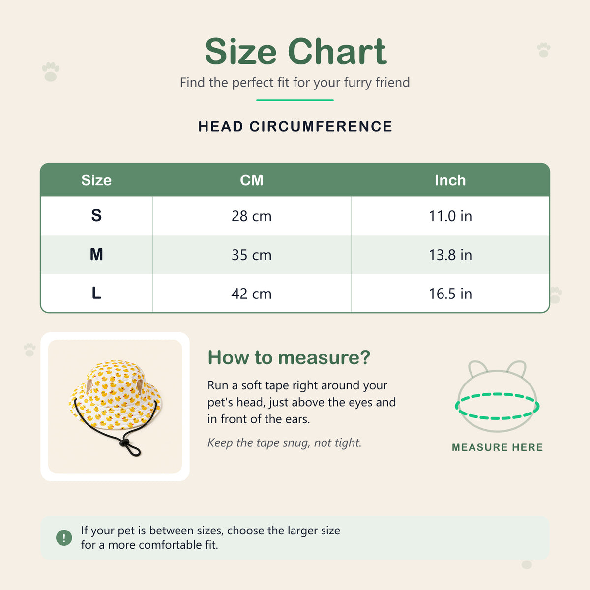 Size chart for the Baby Bubble Sunny Days Pet Bucket Hat: head circumference S 28 cm / 11.0 in, M 35 cm / 13.8 in, L 42 cm / 16.5 in, with instructions for measuring around the pet's head above the eyes and in front of the ears. View 4