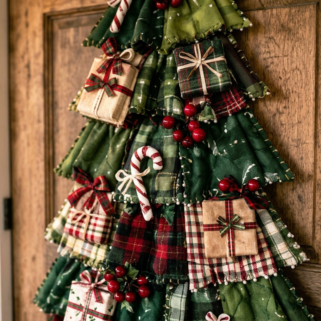 5FT DIY Hanging Christmas Tree - Close-Up 3D Quilted Plaid Tiers and Ornaments View 2
