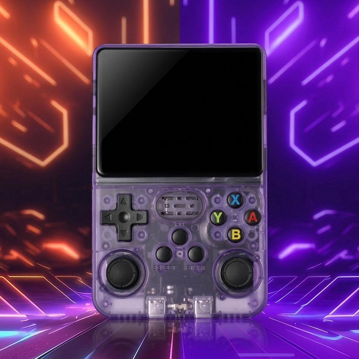 Translucent purple console showing the buttons and joysticks