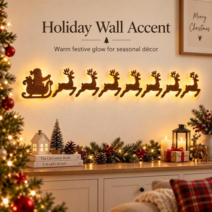 Santa & 7 Reindeer Wooden Wall Light