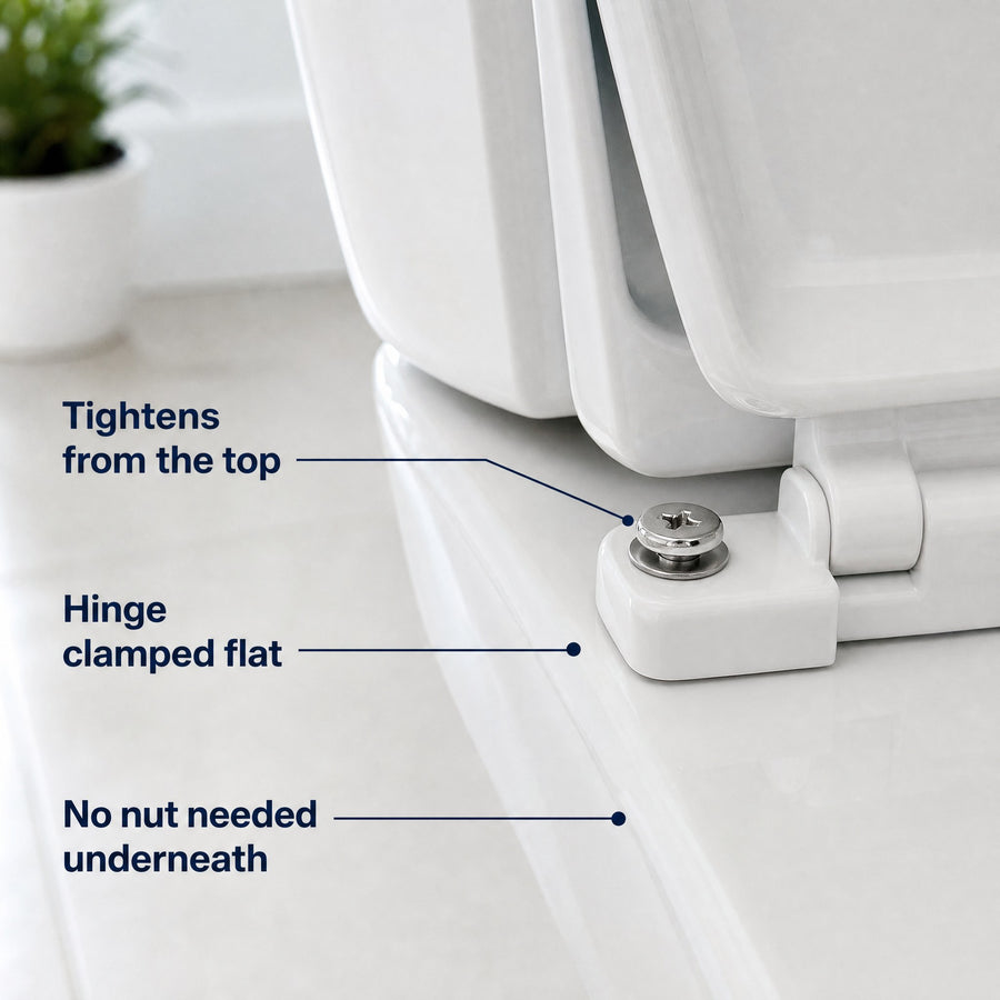 Bolt installed on a toilet seat hinge, tightened from the top