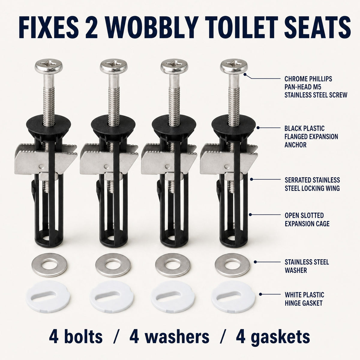 Kit: 4 top-fix toilet seat bolts, 4 washers, 4 gaskets