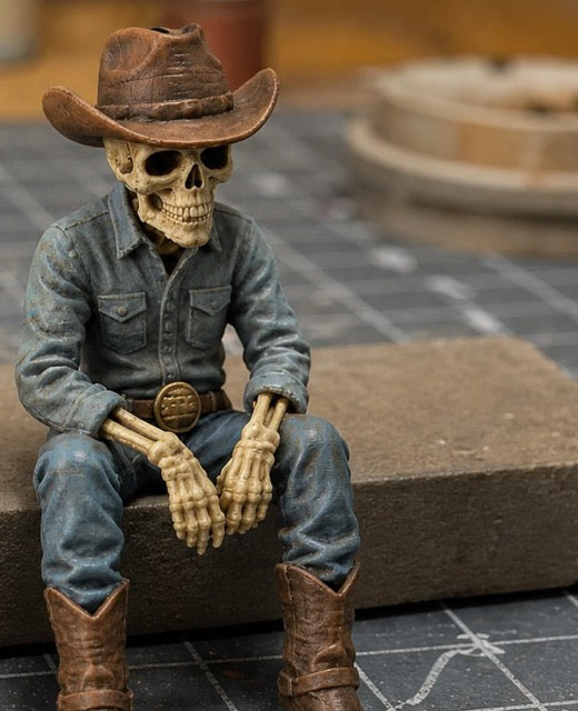 Painted Skeleton Cowboy close-up: denim shirt, brown hat and boots