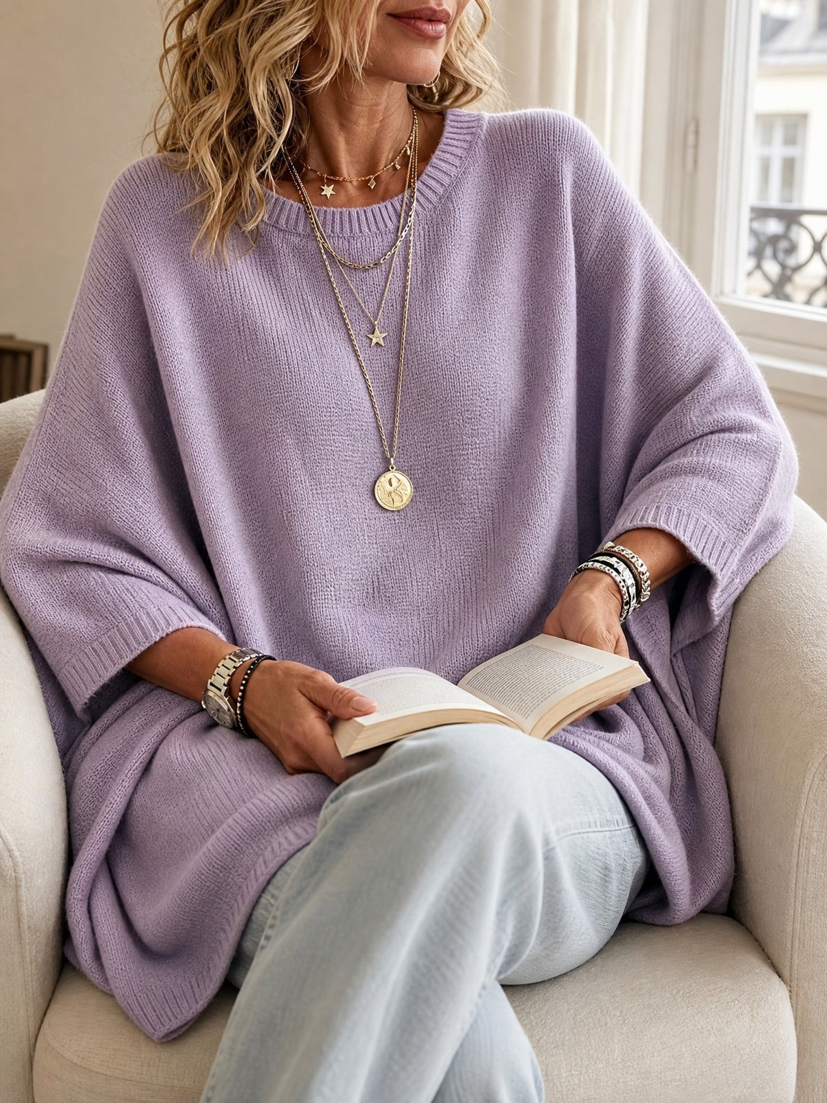 Oversized Batwing Knit Sweater in purple