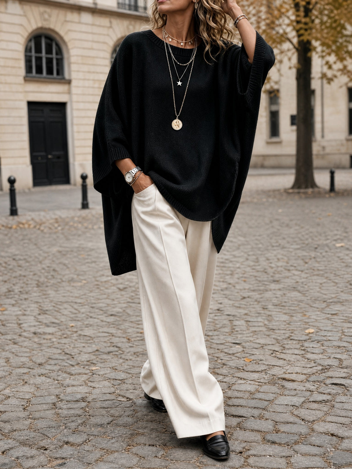 Oversized Batwing Knit Sweater in black
