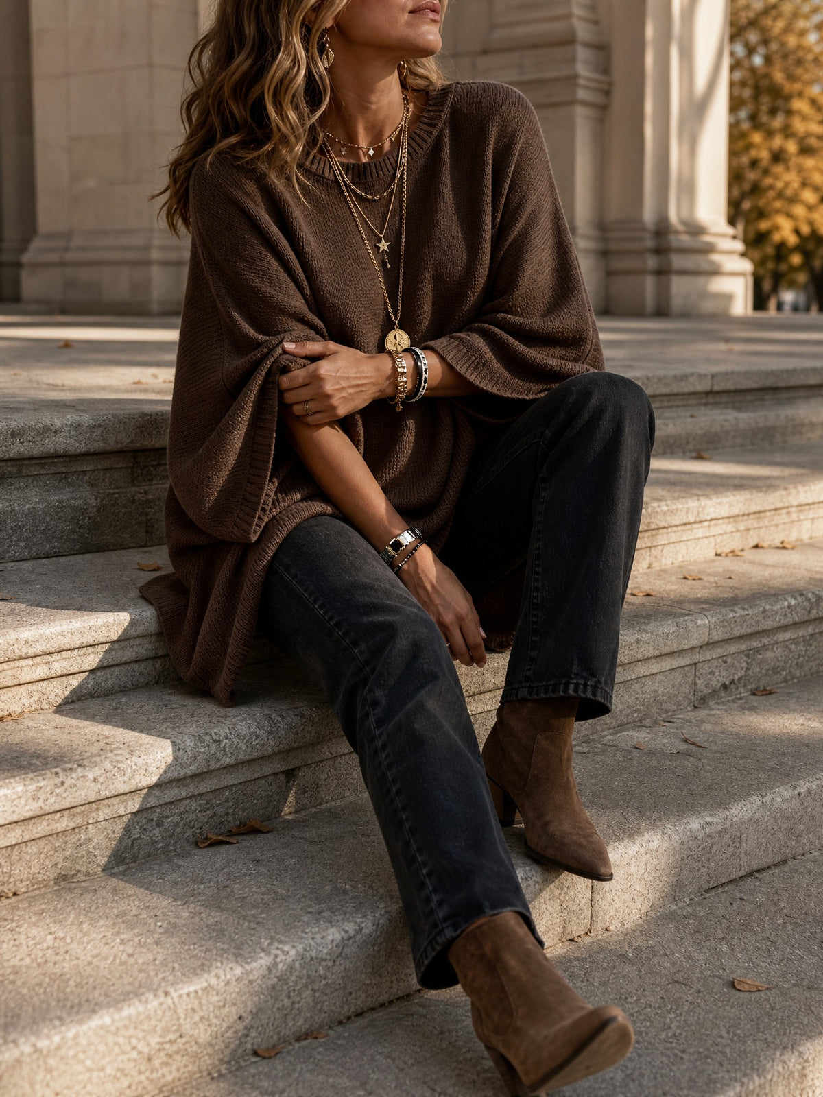 Oversized Batwing Knit Sweater in coffee