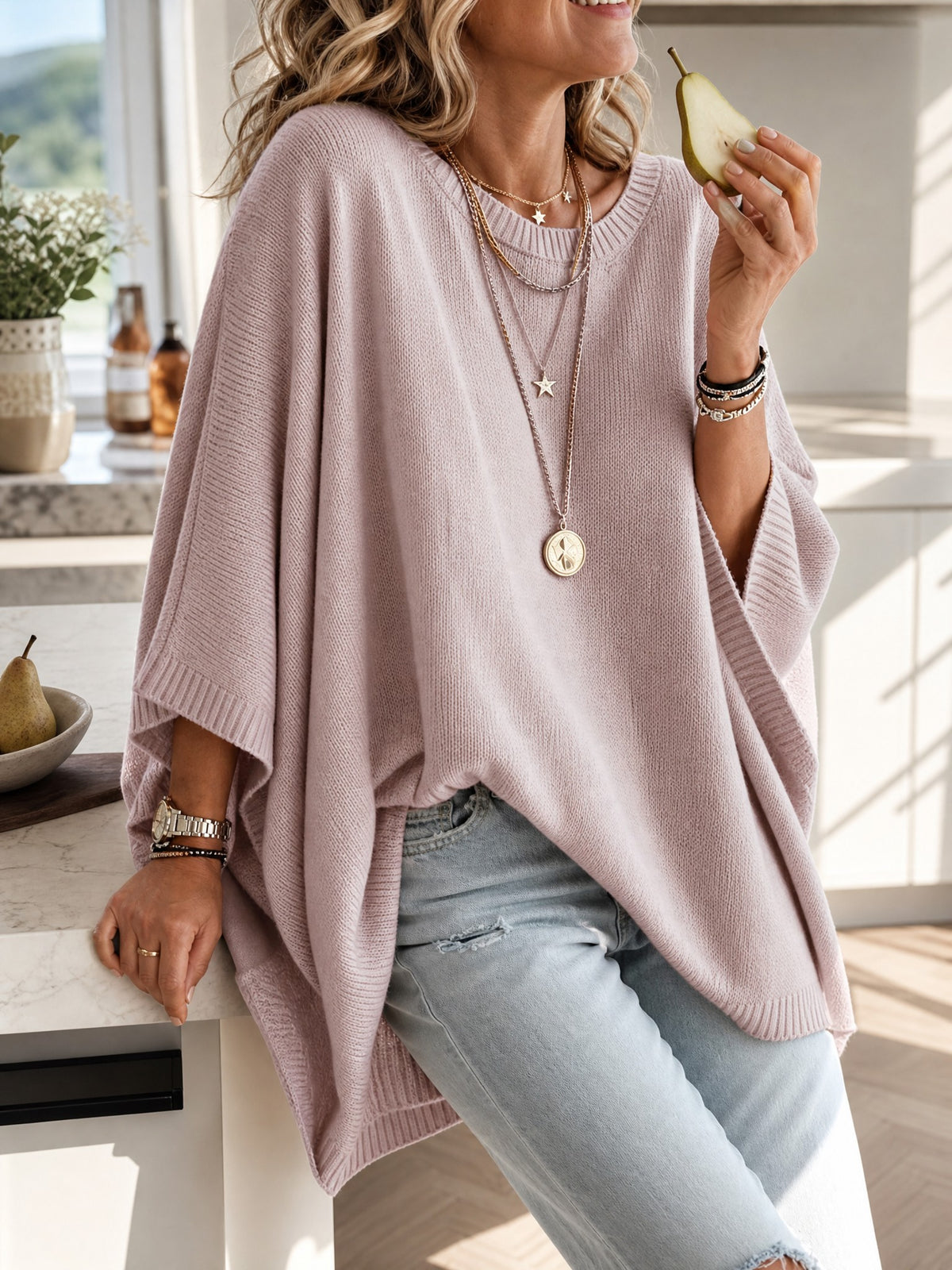 Oversized Batwing Knit Sweater in pink