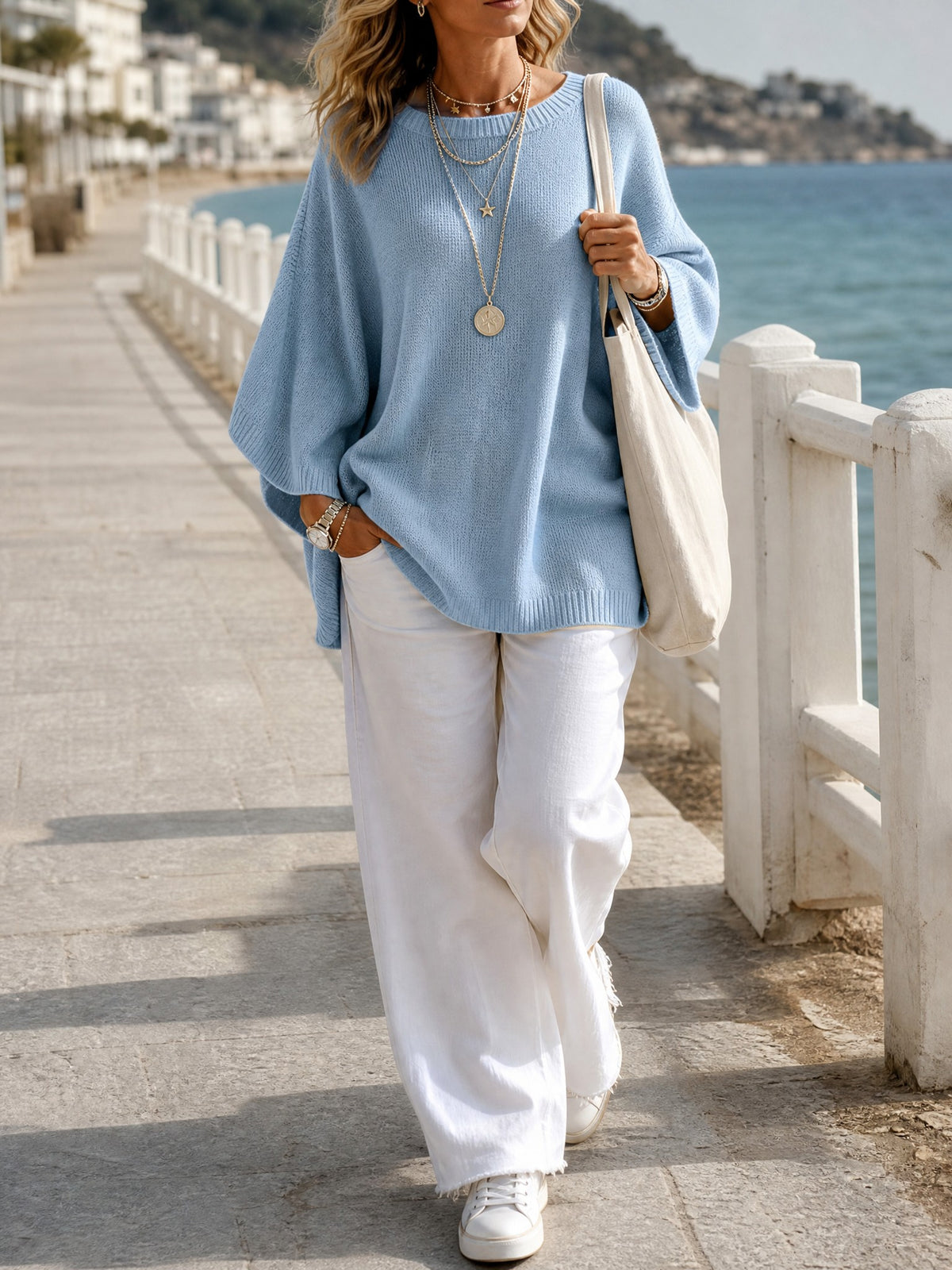 Oversized Batwing Knit Sweater in blue