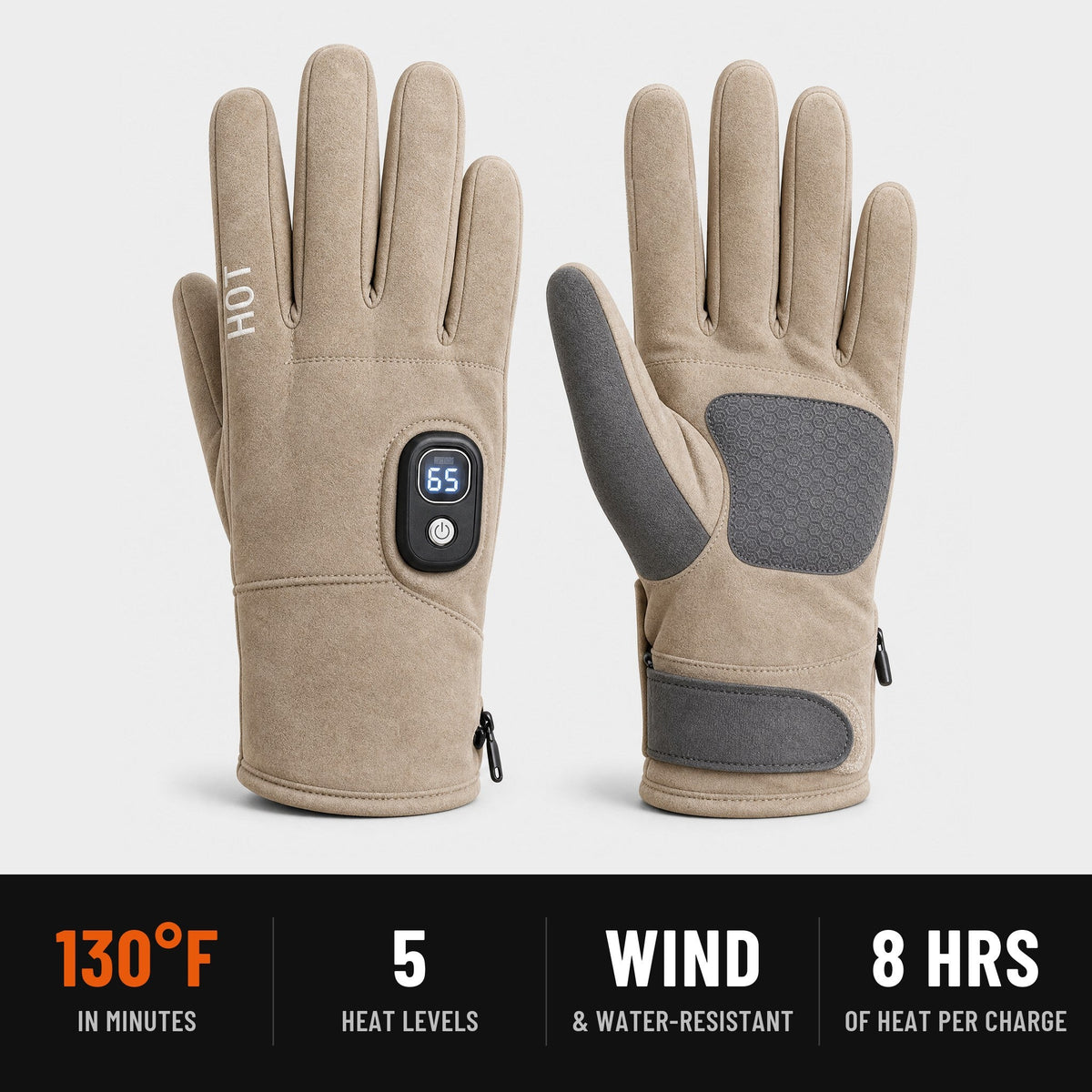 ThermoTouch heated gloves in Khaki: three heat settings up to 131F, heating on the palm and back of hand, rechargeable battery with up to 8 hours per charge View 9