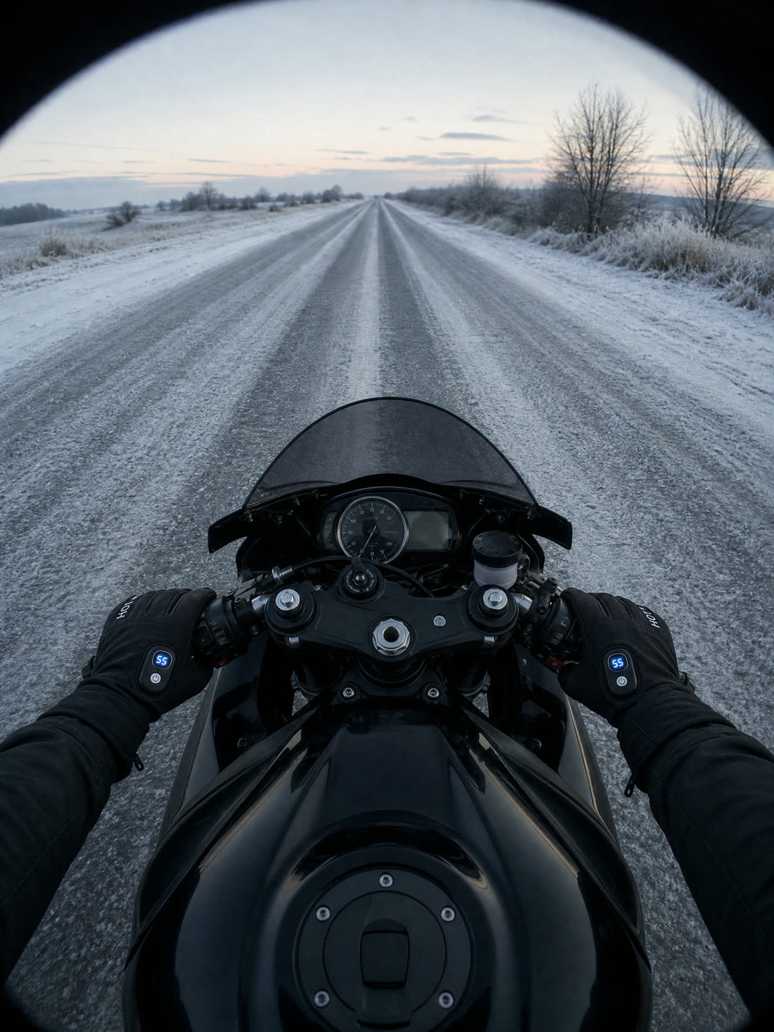 Rider's view over the tank on a snowy road, wearing ThermoTouch gloves